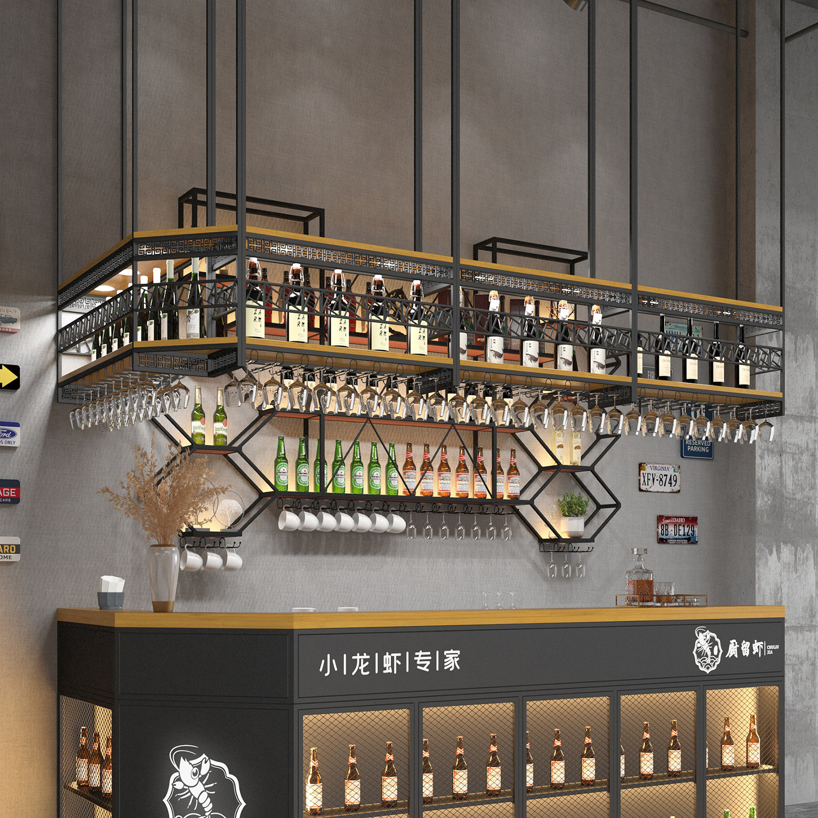 Bar Table Hanger Wine Glass Rack High Foot Cup Shelf Upside Down Iron Art Dining Room Hanging Shelf Wine Rack Hanging Cup Rack Suspension