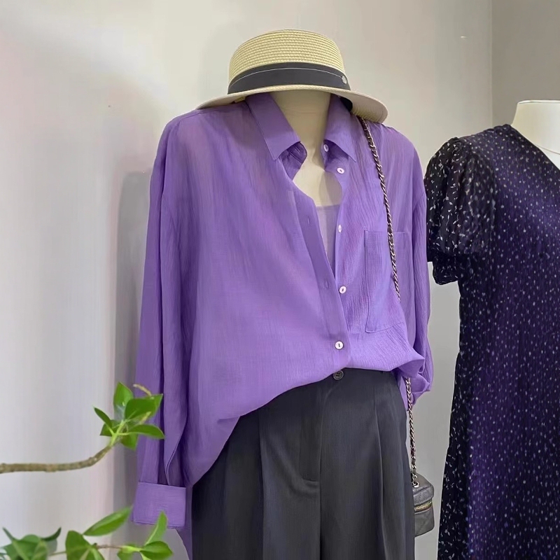 Dongdaemun Gentle Purple Long-Sleeved Shirt for Women, Spring and Summer Thin Sun-Protective Shirt, Loose and Unique, Stylish Outerwear Top