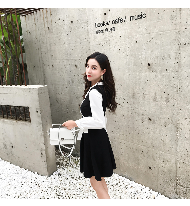 VK旗艦店 韓國風拼接V領氣質蝴蝶結袖口長袖洋裝