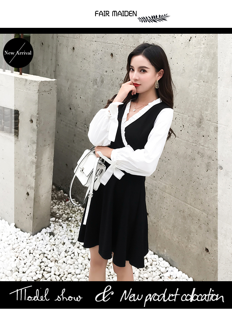 VK旗艦店 韓國風拼接V領氣質蝴蝶結袖口長袖洋裝