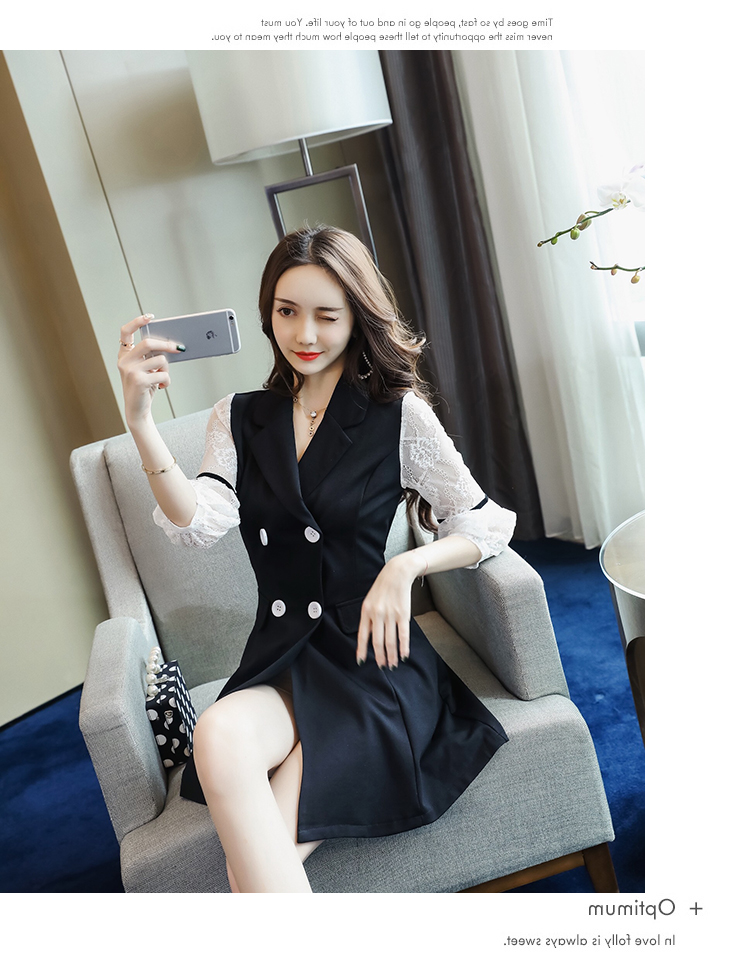 VK旗艦店 韓系雙排釦蕾絲拼接顯瘦氣質七分袖長袖洋裝