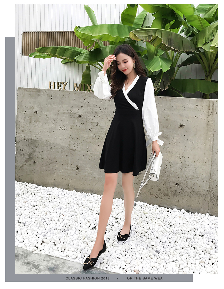 VK旗艦店 韓國風拼接V領氣質蝴蝶結袖口長袖洋裝