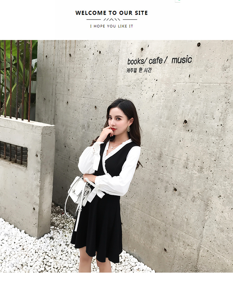 VK旗艦店 韓國風拼接V領氣質蝴蝶結袖口長袖洋裝