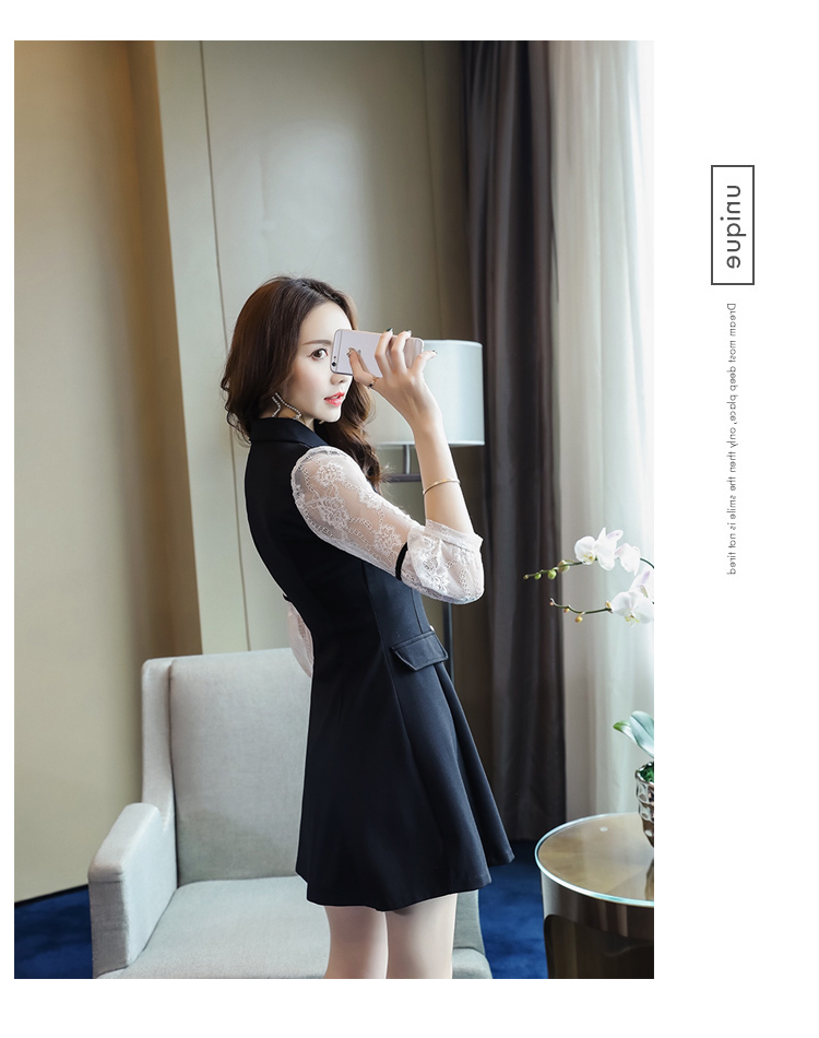 VK旗艦店 韓系雙排釦蕾絲拼接顯瘦氣質七分袖長袖洋裝