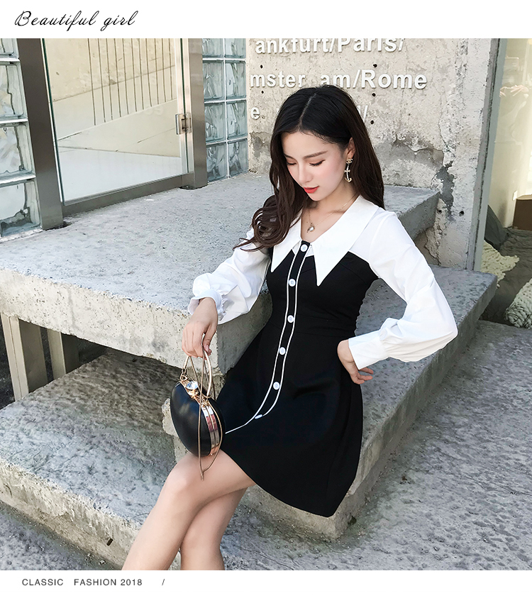 VK旗艦店 韓系襯衫拼接黑白修身顯瘦氣質撞色長袖洋裝