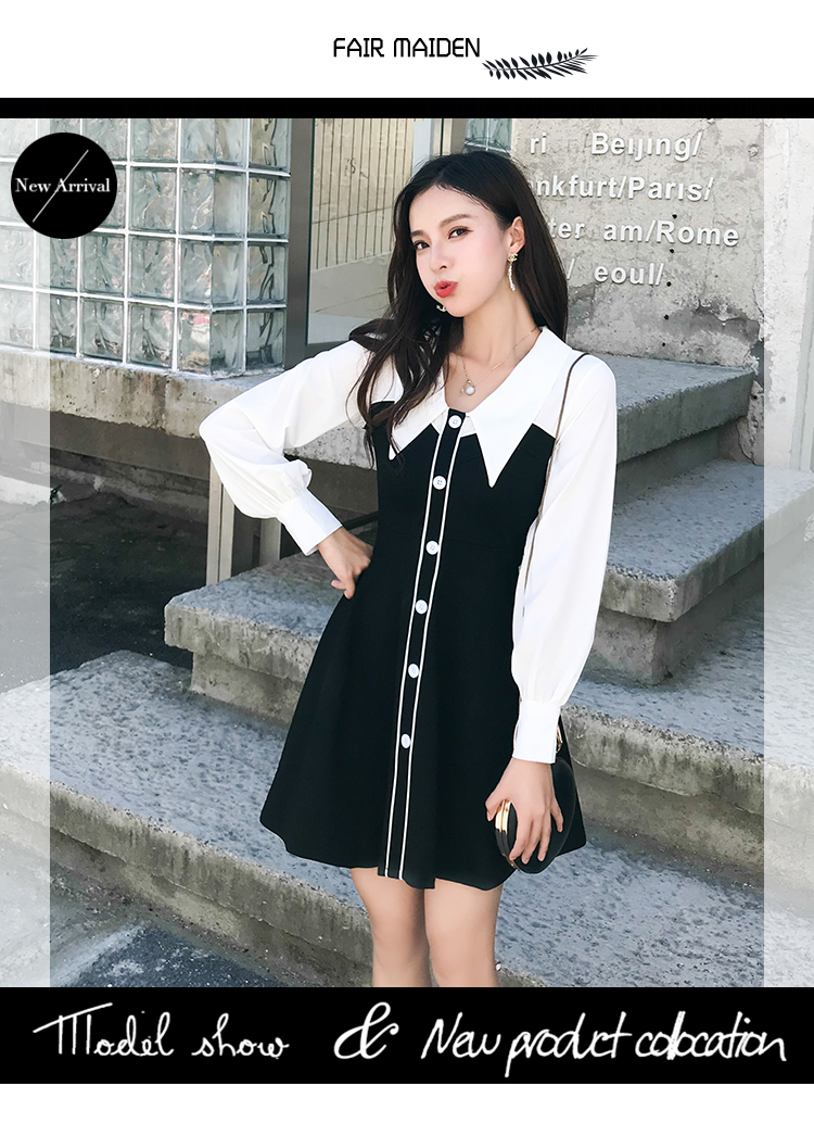 VK旗艦店 韓系襯衫拼接黑白修身顯瘦氣質撞色長袖洋裝