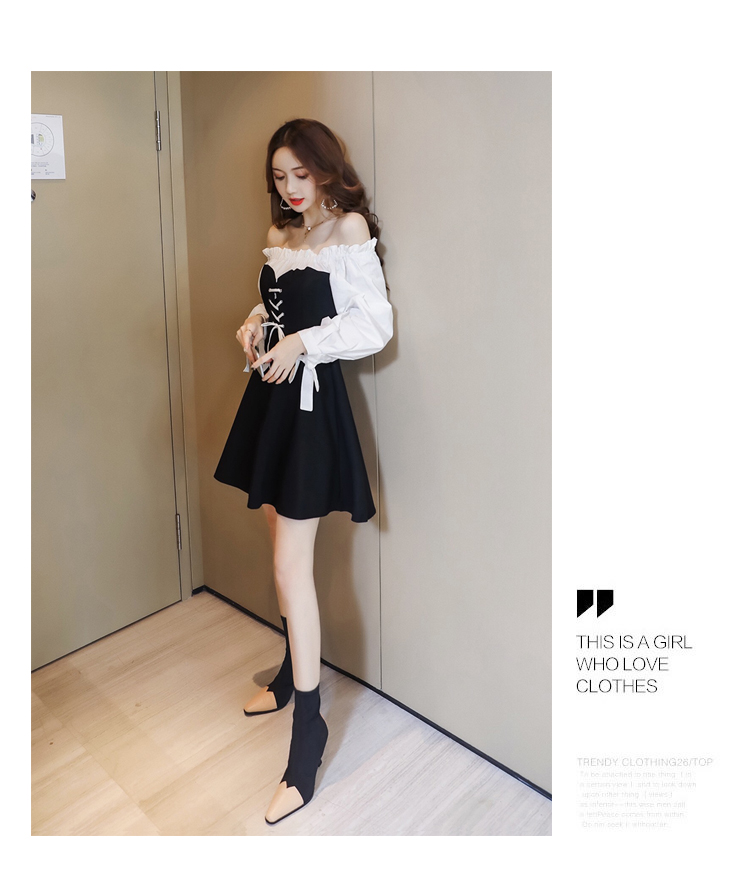 VK旗艦店 韓系一字領性感綁帶拼接收腰顯瘦長袖洋裝