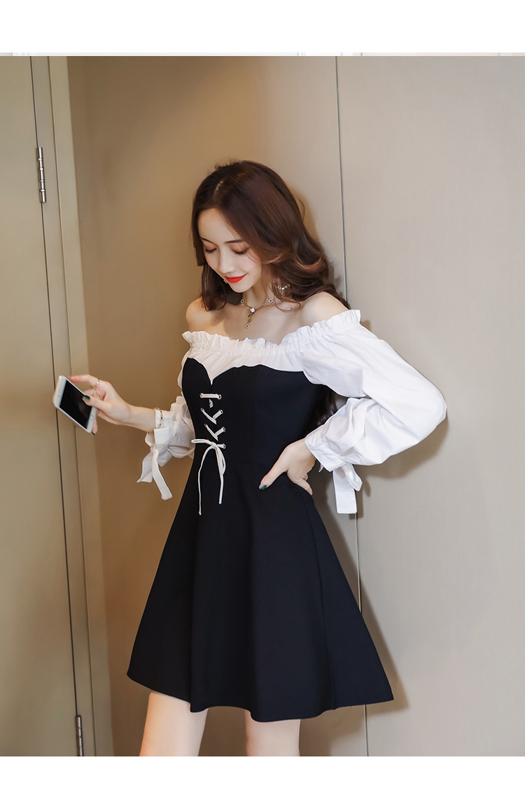 VK旗艦店 韓系一字領性感綁帶拼接收腰顯瘦長袖洋裝