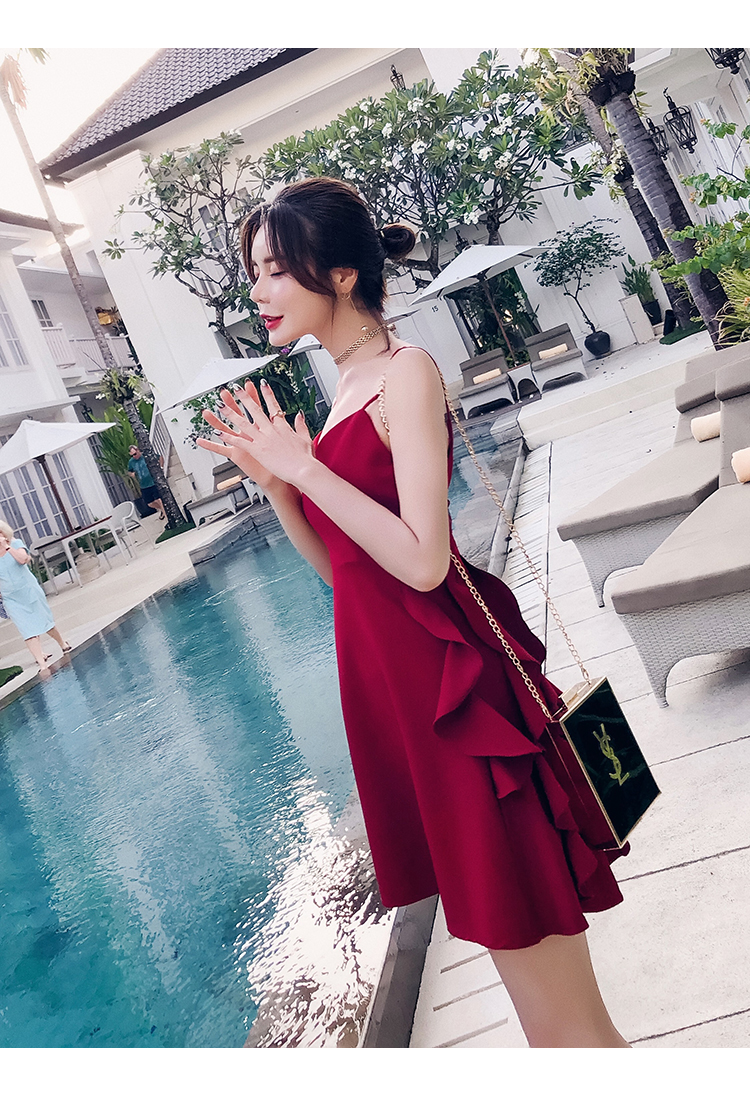 VK旗艦店 韓系時尚氣質側邊木耳邊細肩帶無袖洋裝