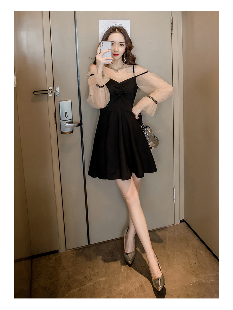 DABI 韓系網紗拼接荷葉袖釘珠一字領禮服長袖洋裝 DABI 韓系網紗拼接荷葉袖釘珠一字領禮服長袖洋裝