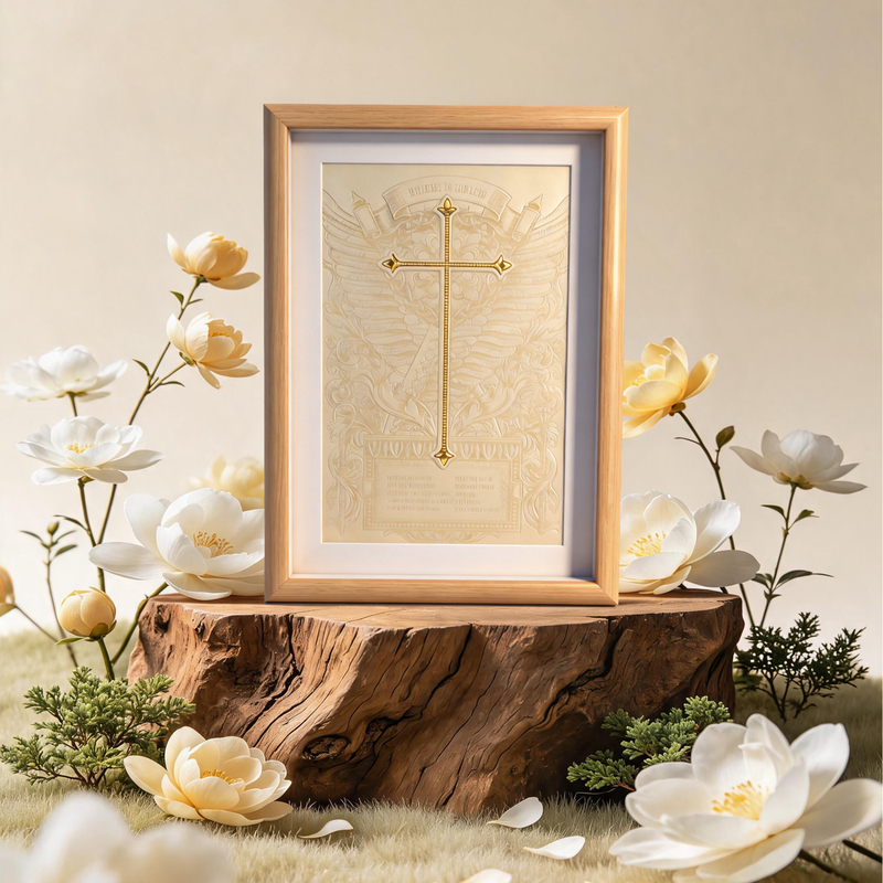 Leather Embossed Photo Frame with Three-Dimensional Raised Gold-Embossed Cross, Hollow Glass Tabletop Display, Gift Decoration Ornament