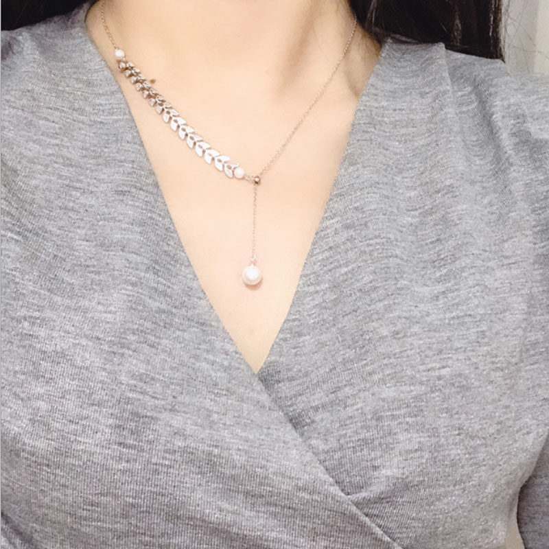 Pearl leaf necklace female 925 sterling silver ins cold wind hypoallergenic Short chain Niche luxury high sense collarbone chain