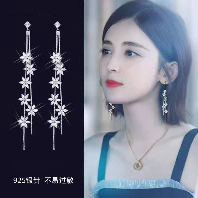 Flower earrings women 2021 new fashion net red temperament no ear pierced ear clip exaggerated long version 925 silver needle ear drop