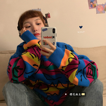 Sakura Madou Han style chic girl age age Cute graffiti color stripe loose knit sweater