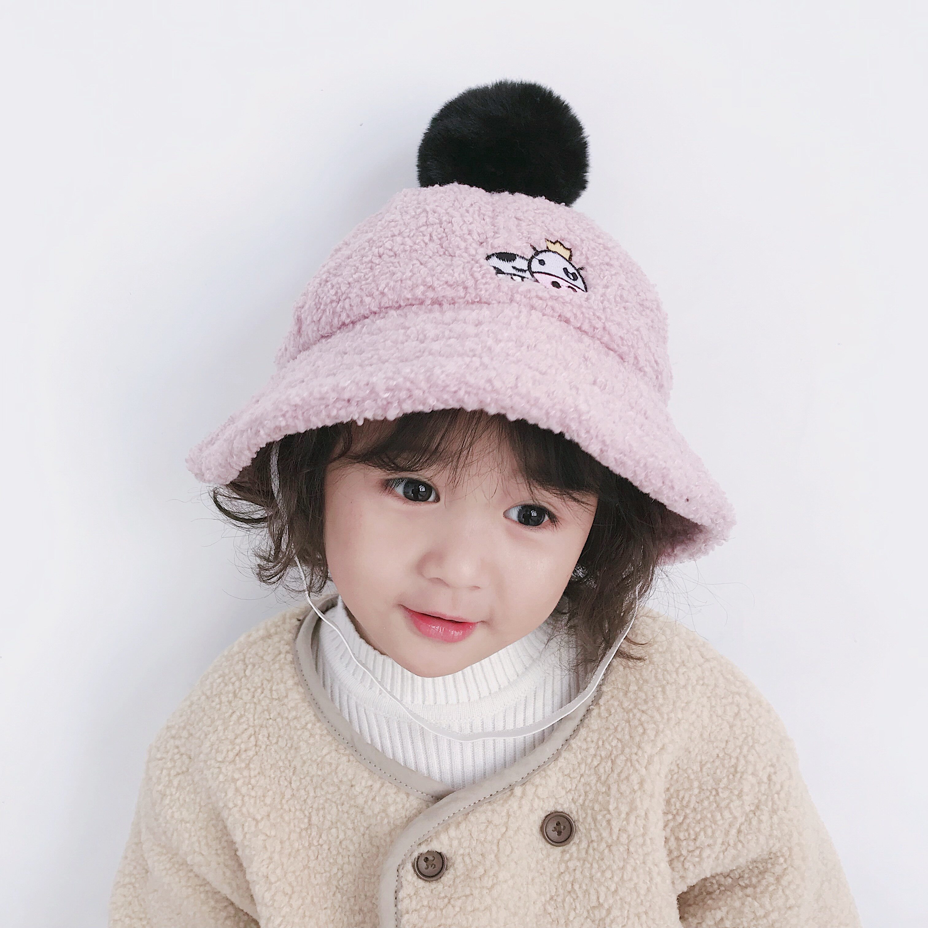 Baby girl fisherman hat winter warm children's hat big hair ball solid color boy's basin hat windproof baby hat thick