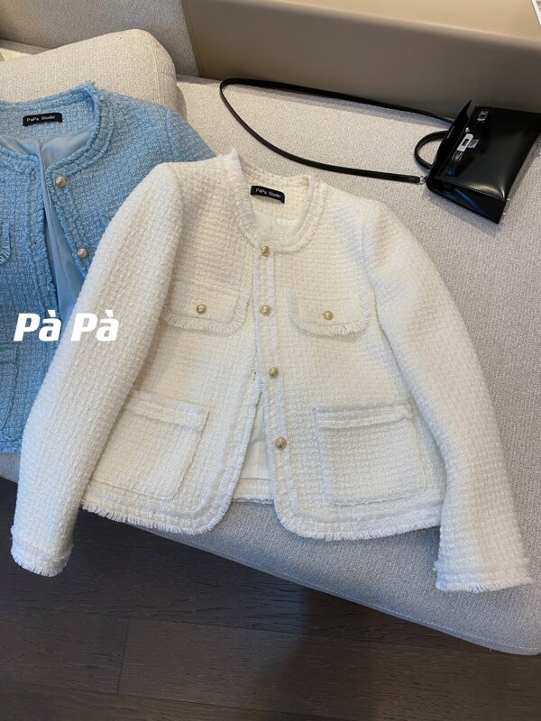 White Wool Tweed Chanel-Style Jacket for Women 2026 Spring and Autumn Korean Version Versatile Commuter Woven Jacket Top