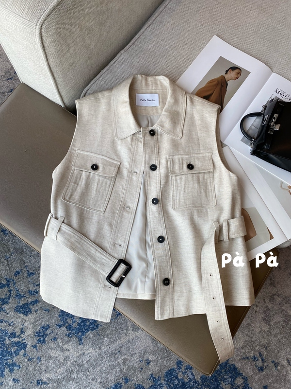 Old Money Style Linen Tencel Lapel Sleeveless Vest Shirt for Women, Fashionable Layered Workwear Style Waist-Cinching Tie-Up Tank Top