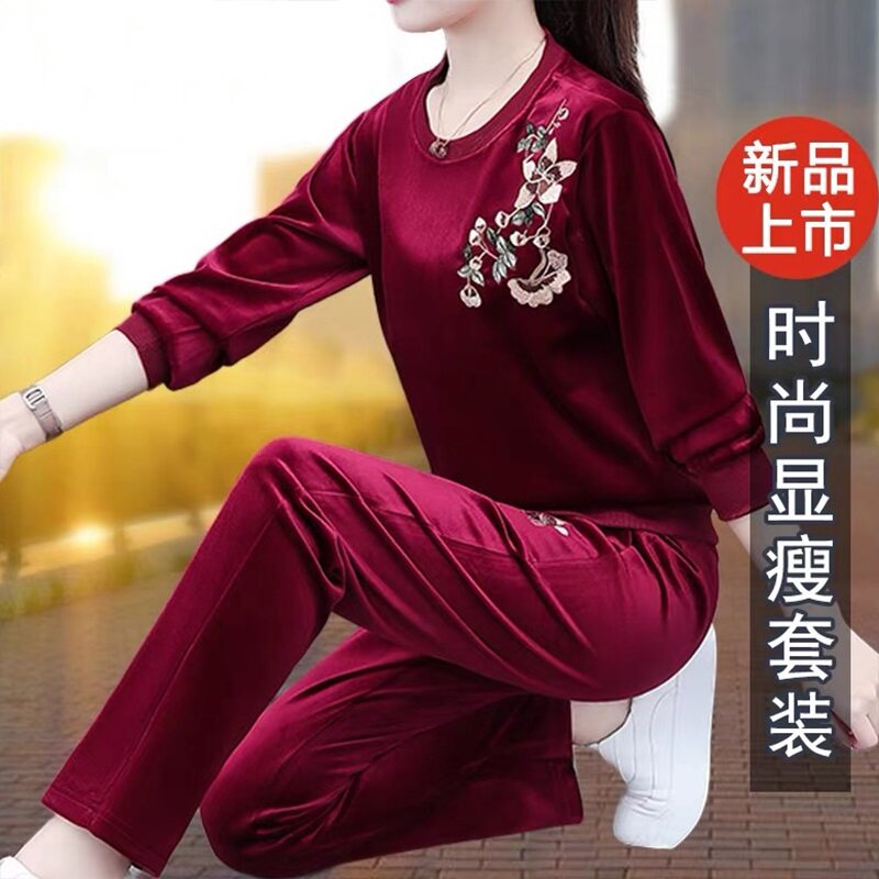 Brand Mom Autumn Clothing Golden Velvet Casual Sports Suit Lady Middle-aged Autumn New Ocean Gas Minus Two Sets Tide-Taobao