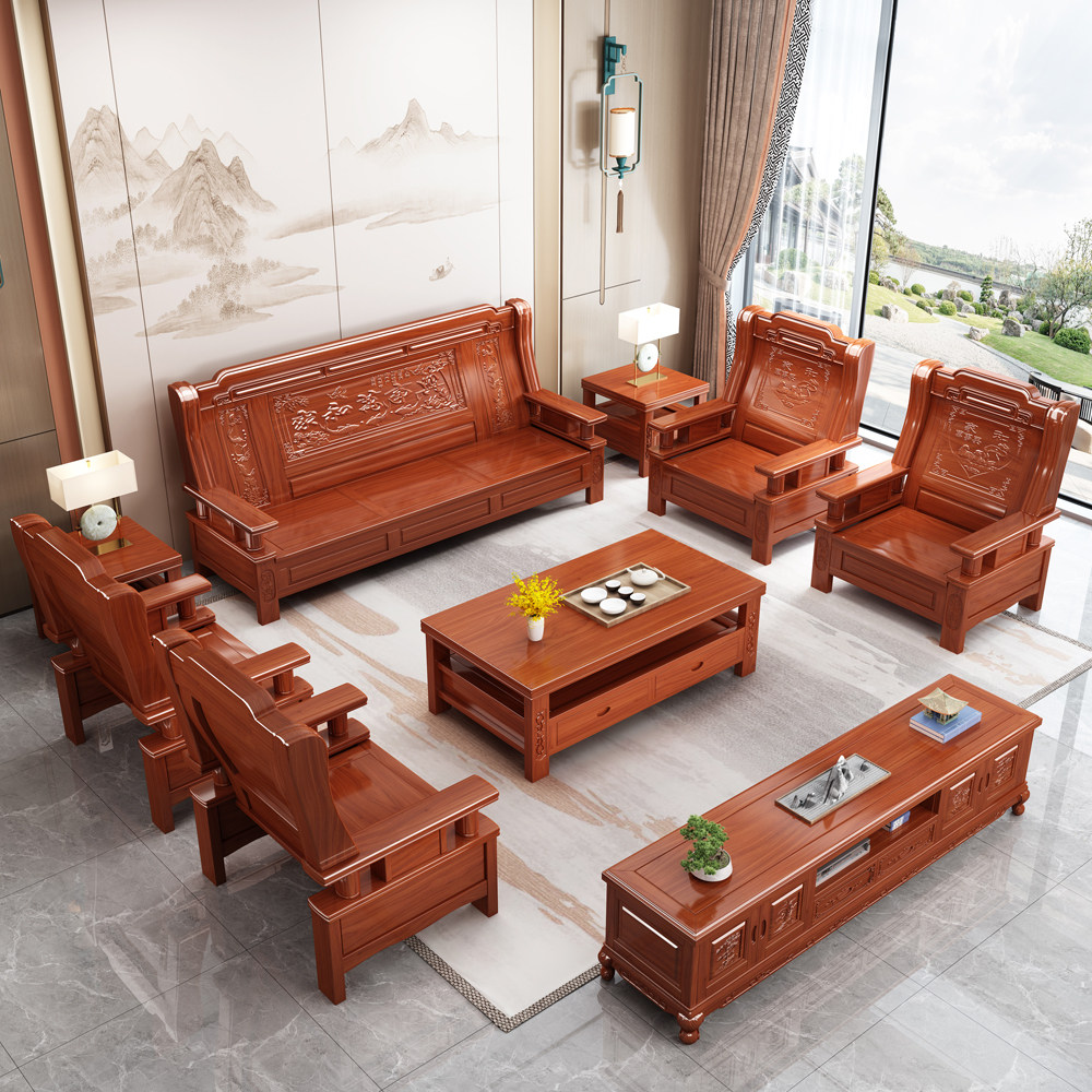 All solid wood red toon wood sofa small apartment living room rural economical furniture three-person wooden sofa