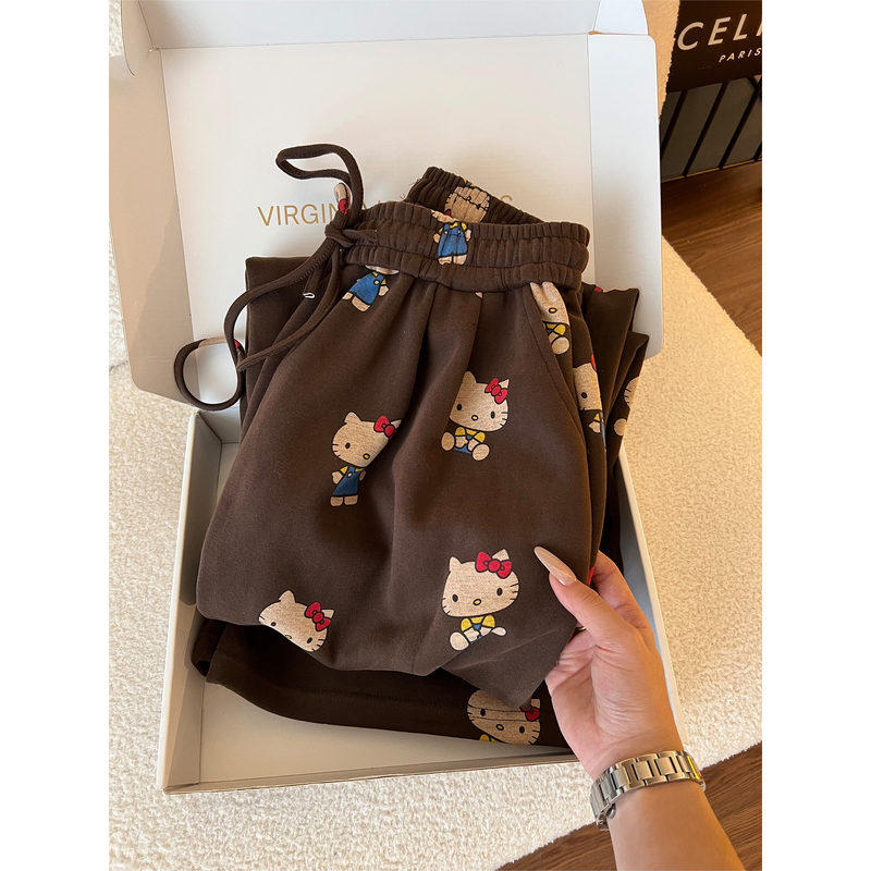 Drawstring Cartoon Casual Pants with Cute Hello Kitty Print, Parachute Pants for Women, Autumn and Winter Fleece-Lined Walking Pants