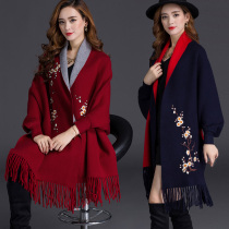 2020 womens spring and autumn and winter knitted outer wear with sleeves embroidered shawl thickened cashmere coat Female cloak cape bat sleeve