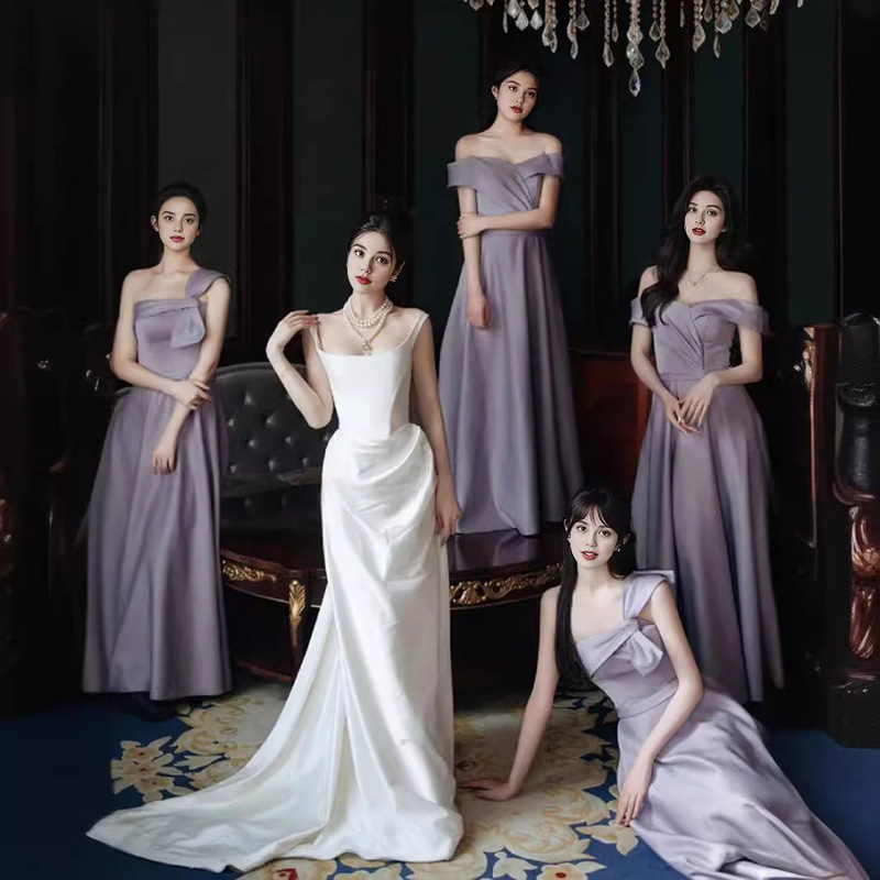 Bridesmaid Dress for Women, Satin Purple, Suitable for Daily Wear, Sister Group Dress, Choir Performance, Host Evening Gown, Summer