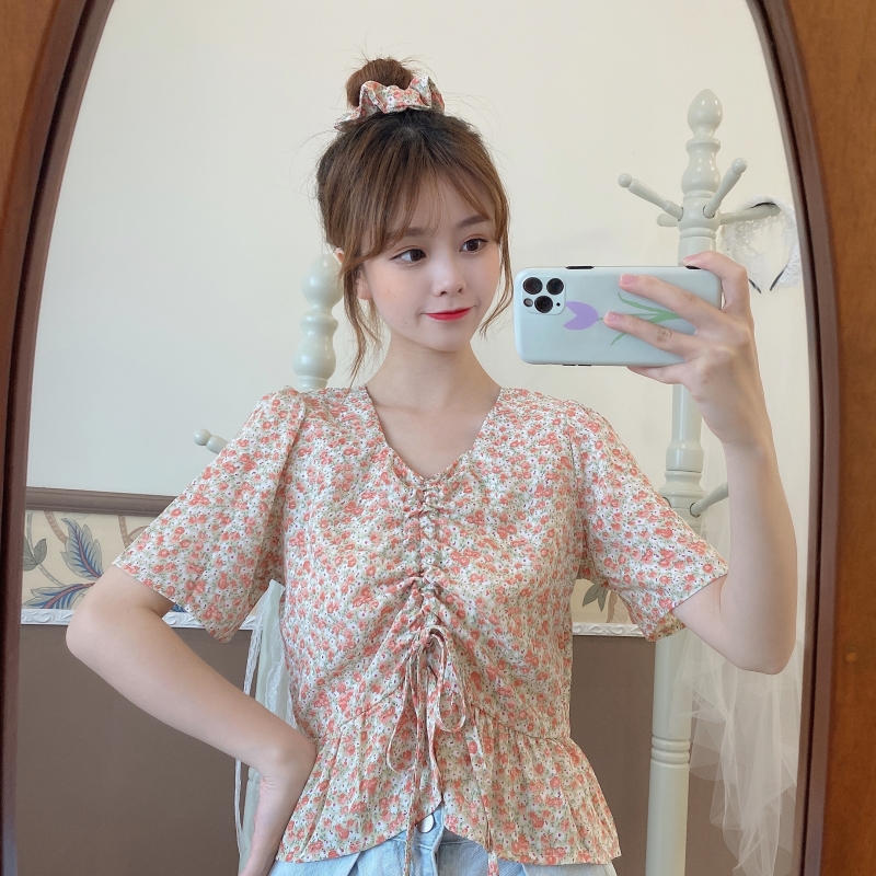 Real shot 100% polyester short sleeve blouse drawstring Chiffon French top floral short