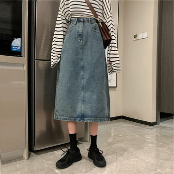 Large size retro denim skirt women's spring and autumn 2023 new fat MM hip-covering slim mid-length high-waisted a-line skirt
