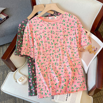 Large size fat mm floral round neck short-sleeved t-shirt 2023 summer new small fresh sweet sweet age-reducing thin top women