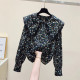 Plus-size women's clothing in the spring of 2023 new fat sister wood ear side doll collar shirt floral foreign style long-sleeved shirt