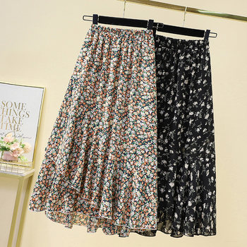 Plus-size women's summer fat mm foreign style all-match chiffon floral skirt high waist covering crotch slimming mid-length A-line skirt