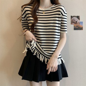 Plus size summer design sense fringe striped short-sleeved knitted sweater female fat mm belly cover thin shoulder top bottoming shirt