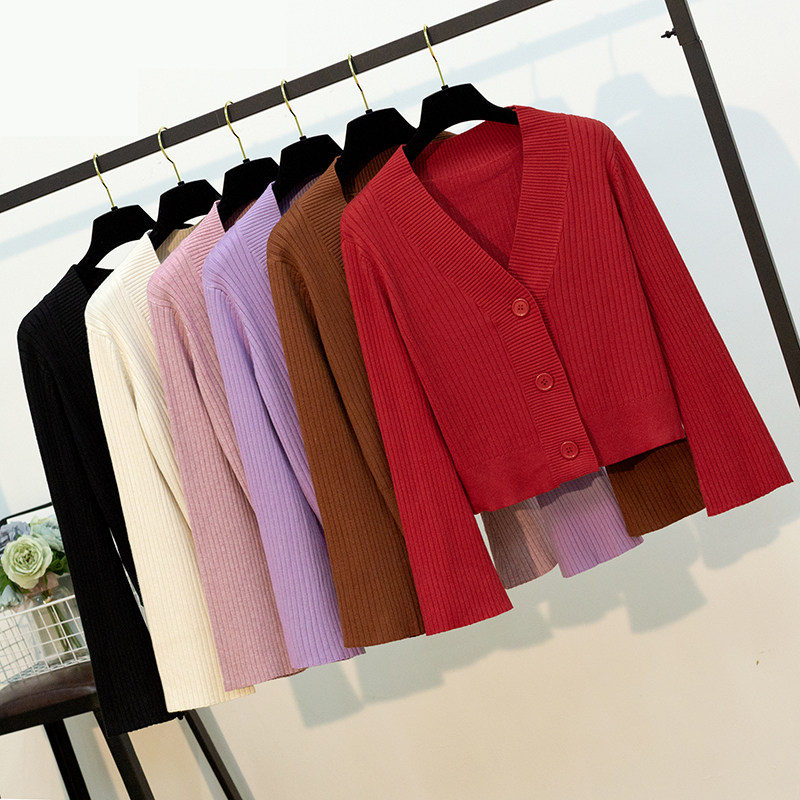 Knitted cardigan women's jacket short all-match slim Korean version small fragrance horn sleeves big button chic early autumn sweater