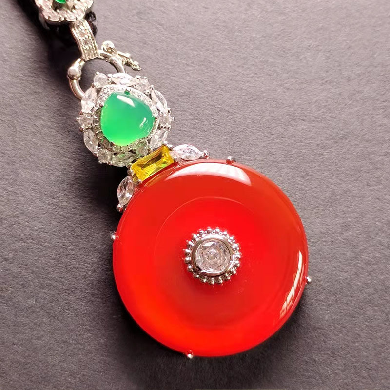 Natural treasure jade necklace red fire safety buckle ring emerald green luxury set pendant sterling silver inlay