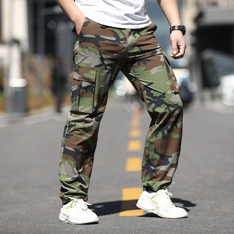 Spring autumn new camouflated four-sided elastic speed dry pants waterproof and anti-wear and breathable mountaineering pants men loose bunches footed pants