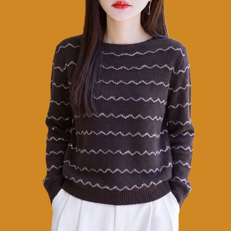 Shengyuzhu Genuine Discount Cashmere Sweater for Women, Wave Pattern, Autumn and Winter, Round Neck, Loose Pullover Knit Sweater, Thick Base Layer