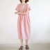 Đã có một thời gian chậm rãi retro văn học cổ tích ăn mặc lỏng lẻo và mỏng màu hồng bông và vải gai váy mùa hè phong cách mới của phụ nữ - Váy dài Váy dài
