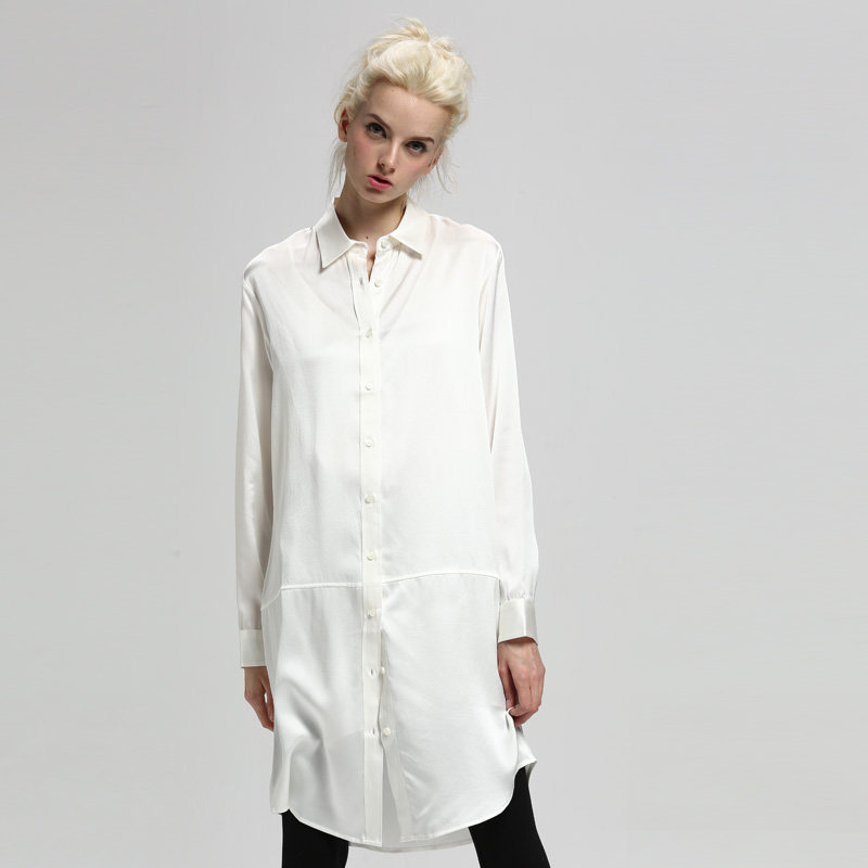 独具中性柔美 百穿不腻 高端珠光白色长袖真丝衬衫裙春秋连衣裙