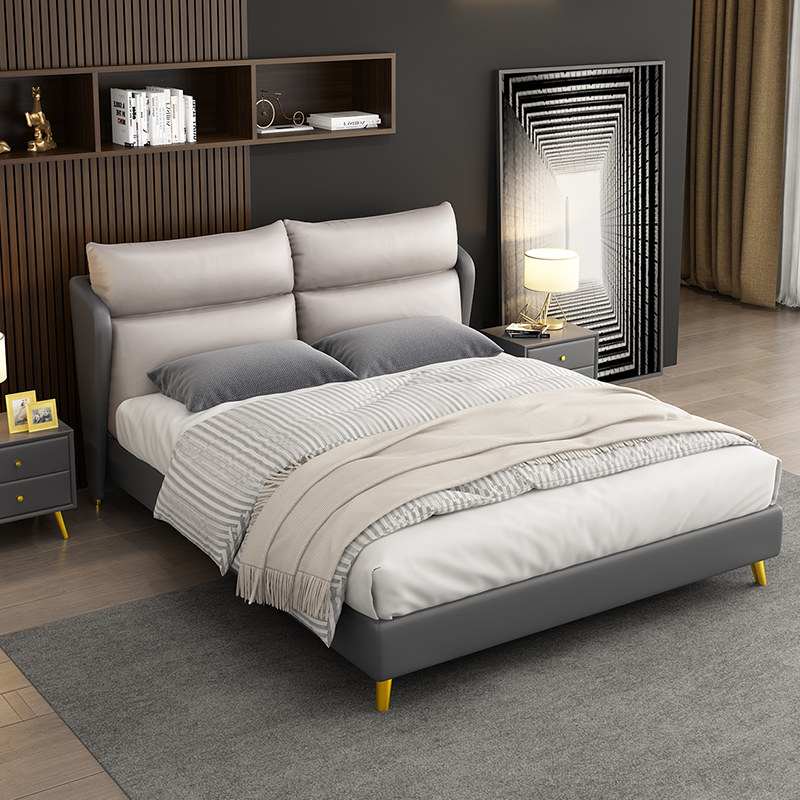 Light extravagant quality design 1 8 m master bedroom genuine leather double soft bed minimalist modern 1 5 m large wedding leather bed furniture