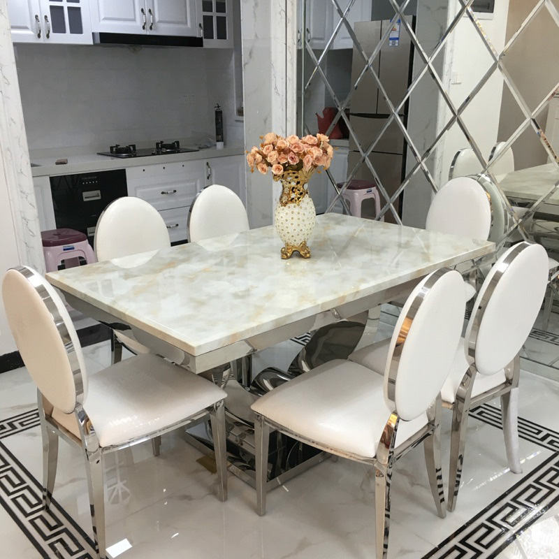 Simple modern marble dining table European high-end living room dining table rectangular stainless steel dining table and chair combination