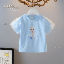 Girl Short Sleeve T-shirt Summer Pure Cotton Aisha Middle Child Girl Ice Snow and Snow Blue Childrens Top T-Tide