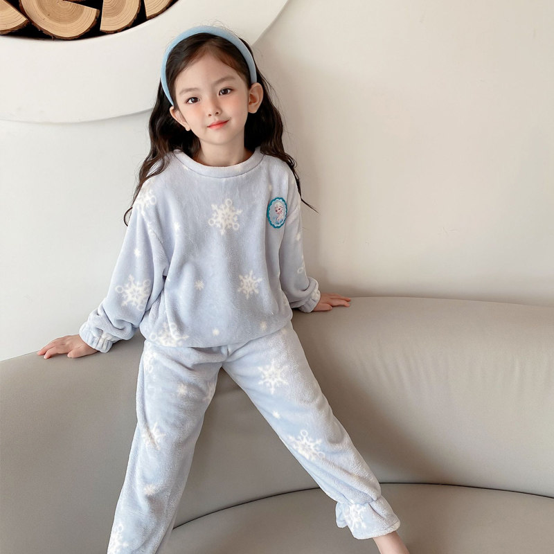 Children's flannel pajamas plus thick autumn and winter dress girl baby Princess Aisa home suit girl coral velvet
