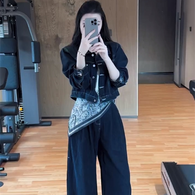 Autumn Korean Retro Commuter Hong Kong Style Workwear Jacket ins Style Denim Jacket + Floor-Length Wide-Leg Pants Two-Piece Set for Women