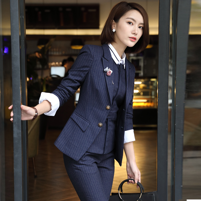 Work clothes for women 2020 autumn and winter style Korean version fashion striped suit interview with slim and long sleeve positive dress work clothes