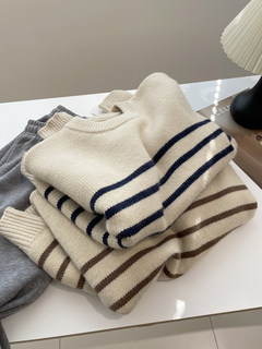 韩系简约条纹毛衣女！秋冬慵懒风软糯厚实外穿宽松圆领针织衫上衣