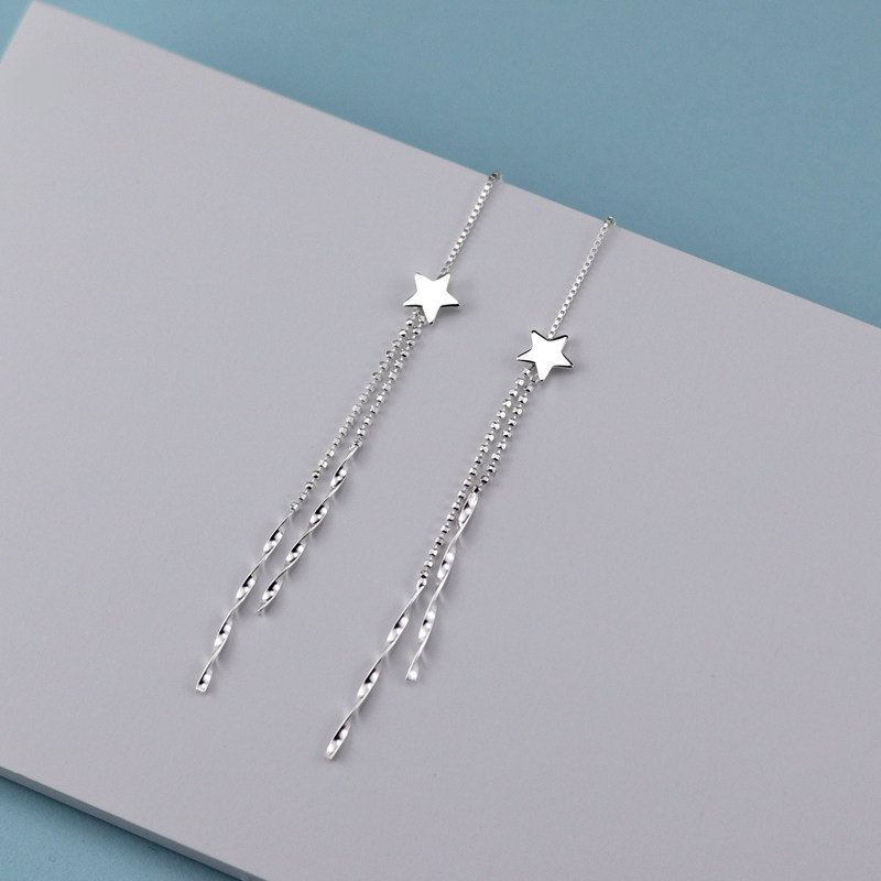 Through Body Pure Silver Long Version Stars Ear Necklace Female Earrings Korea Temperament Net Red Ear Pendant 2021 New wave