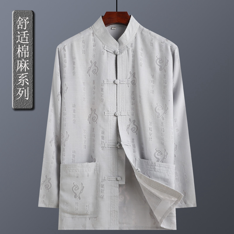 Tang Loaded Summer Men's Long Sleeves Chinese Thin middle aged cotton linen shirt Male and Dad Dress Grandpa's Loose Jacket Man