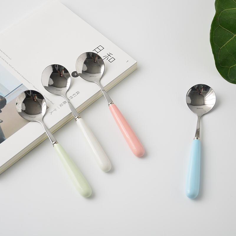 Spoon Creative Lovely Household Ceramic Handle Stainless Steel South Korean Net Red Tempons