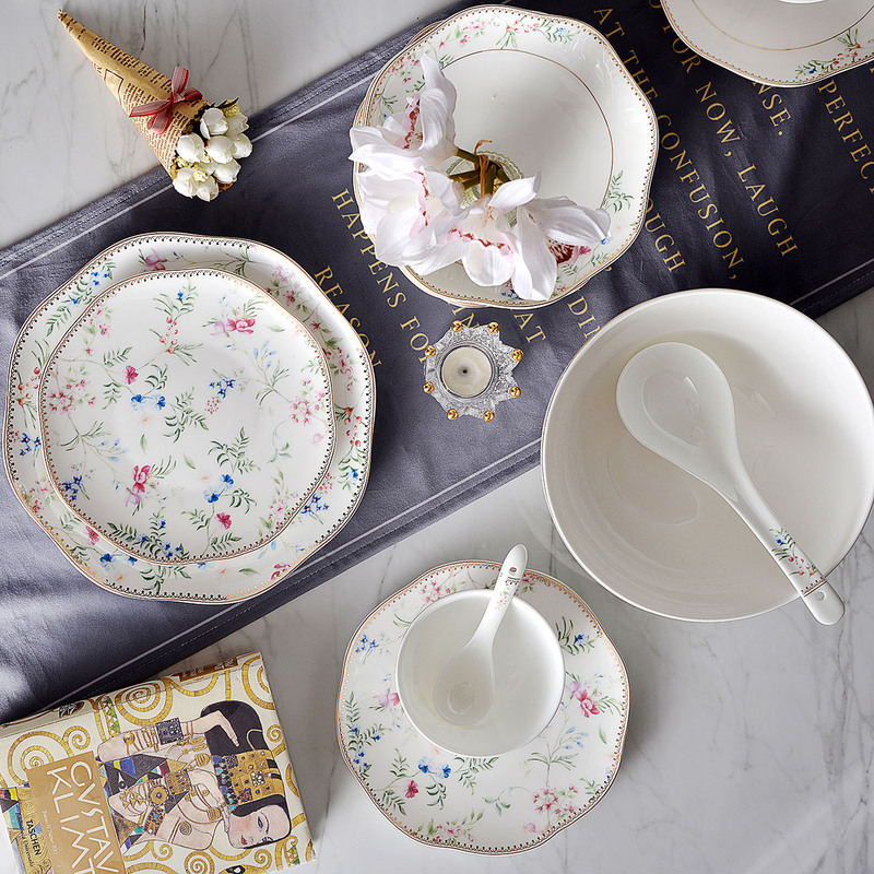 Tangshan Jia Yu Bone China Lucy Garden Tableware Pieces Embossed Bowls and Plates Pastoral Fresh Style with Gold Inlay Personalized Gift