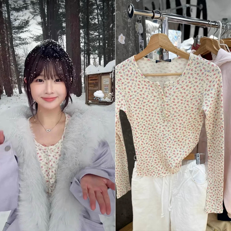 Brandy Bm Yao Yao Style Waffle Knit Floral Long-Sleeve T-Shirt, Slimming Button-Up Top for Women